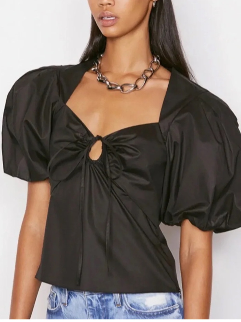 Frame Black Puff-Sleeve Tie-Front Top